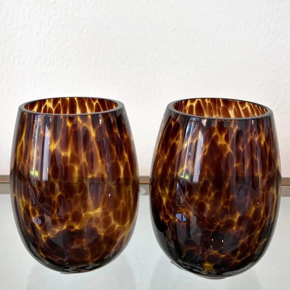 NEW Tortoise Shell Stemless Wine Glass Set of 2 Chic Barware 15oz